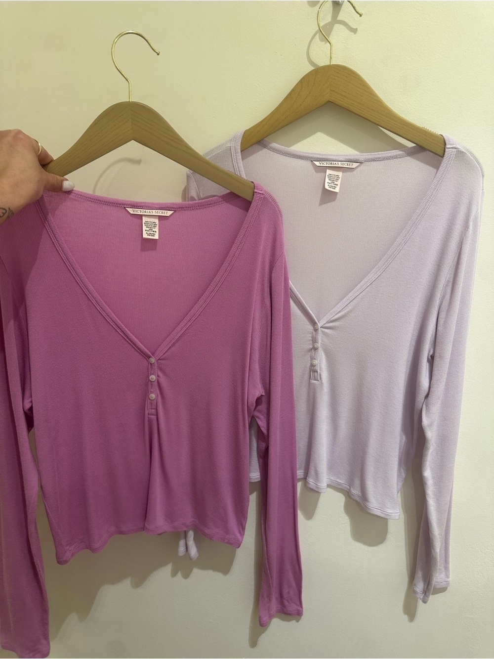 Victoria's Secret Long-Sleeve V-Neck Set Tops in Pink and Lavender
